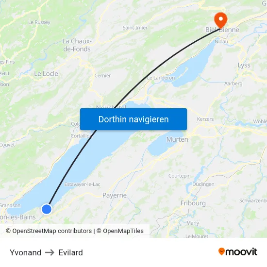 Yvonand to Evilard map