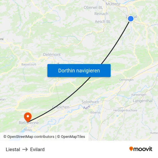Liestal to Evilard map