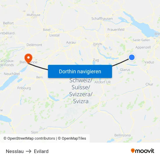 Nesslau to Evilard map