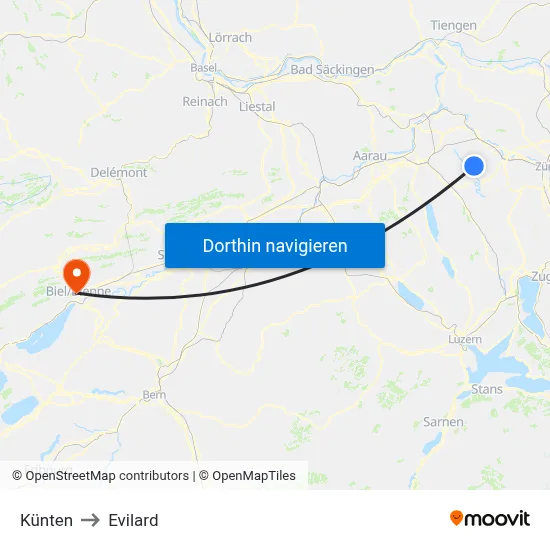 Künten to Evilard map