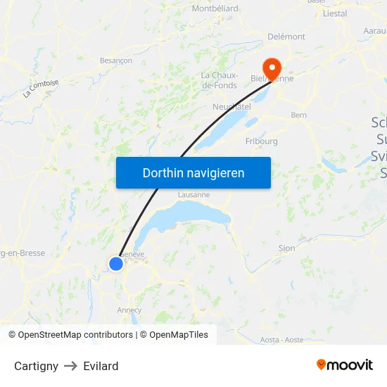 Cartigny to Evilard map