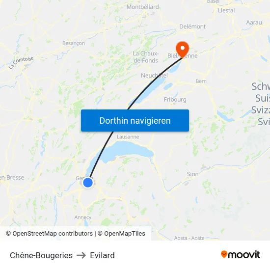 Chêne-Bougeries to Evilard map