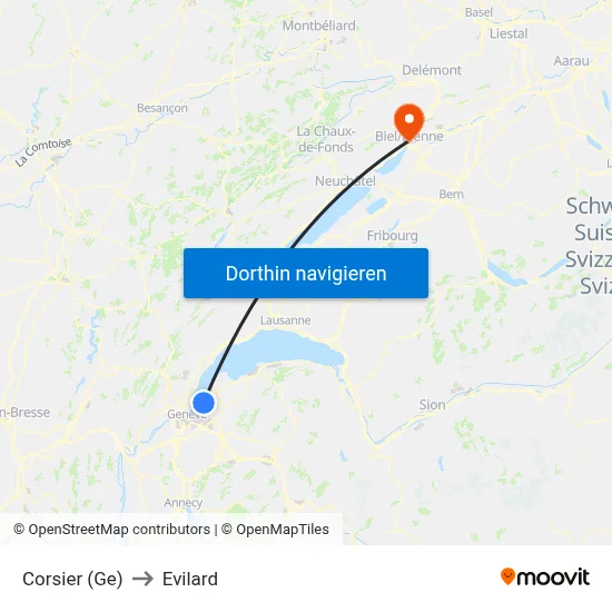Corsier (Ge) to Evilard map