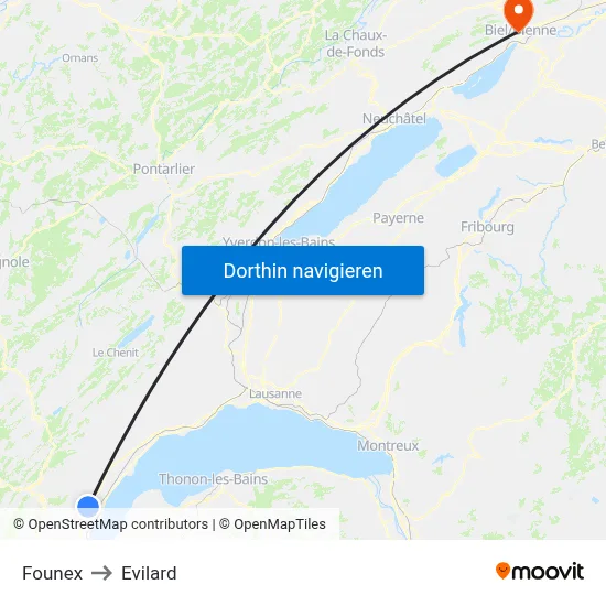 Founex to Evilard map