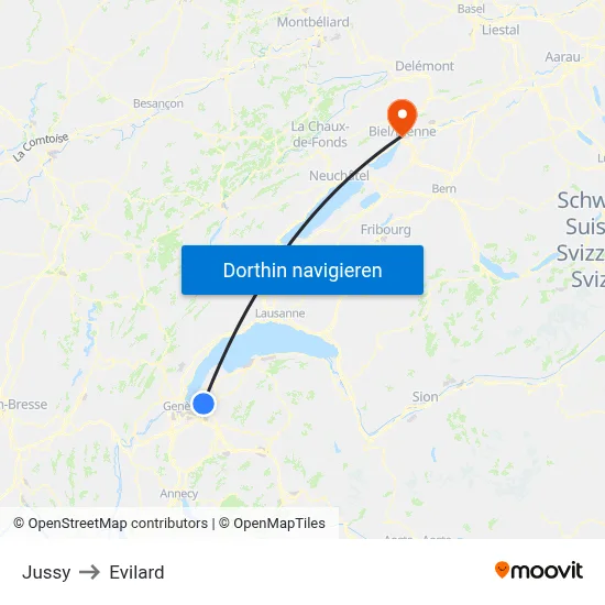 Jussy to Evilard map