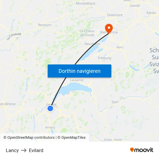 Lancy to Evilard map