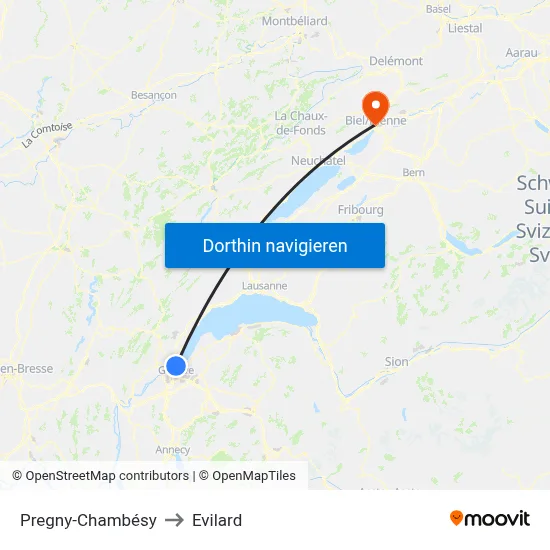 Pregny-Chambésy to Evilard map