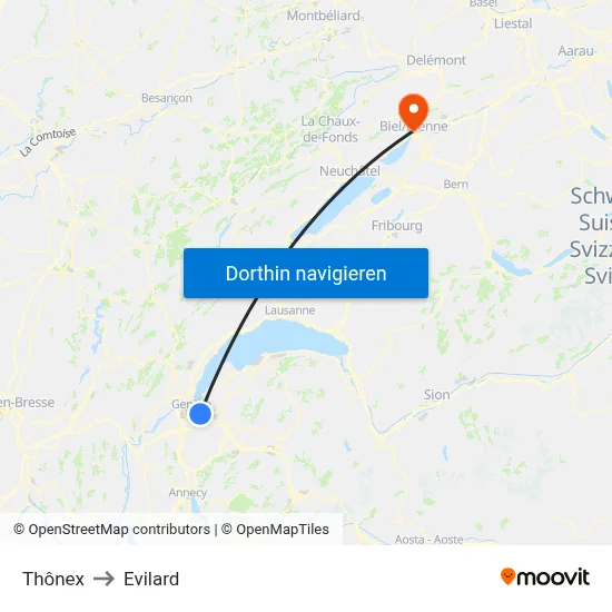 Thônex to Evilard map