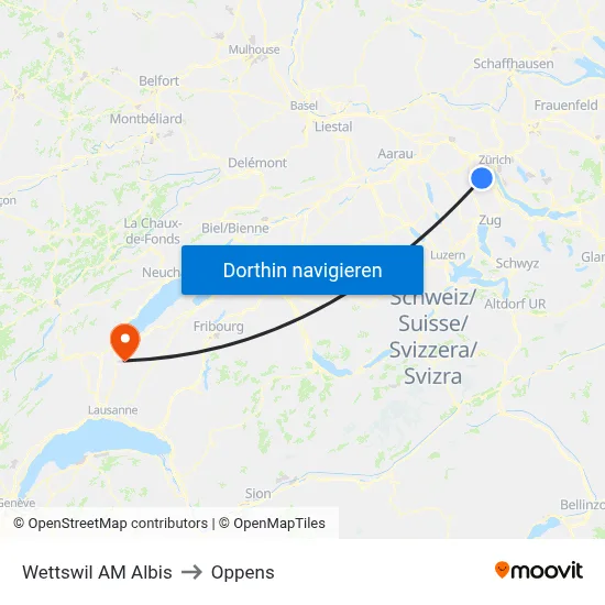 Wettswil AM Albis to Oppens map