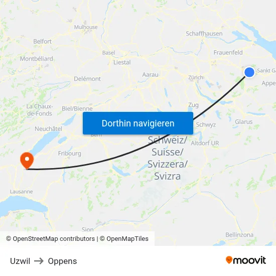 Uzwil to Oppens map