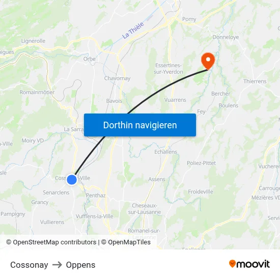 Cossonay to Oppens map
