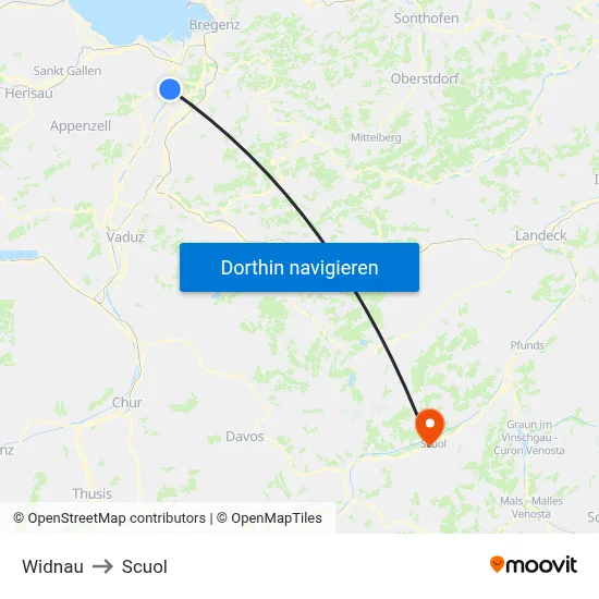 Widnau to Scuol map