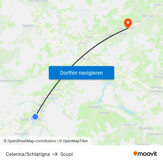 Celerina/Schlarigna to Scuol map