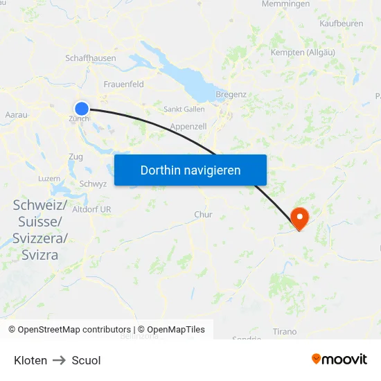 Kloten to Scuol map