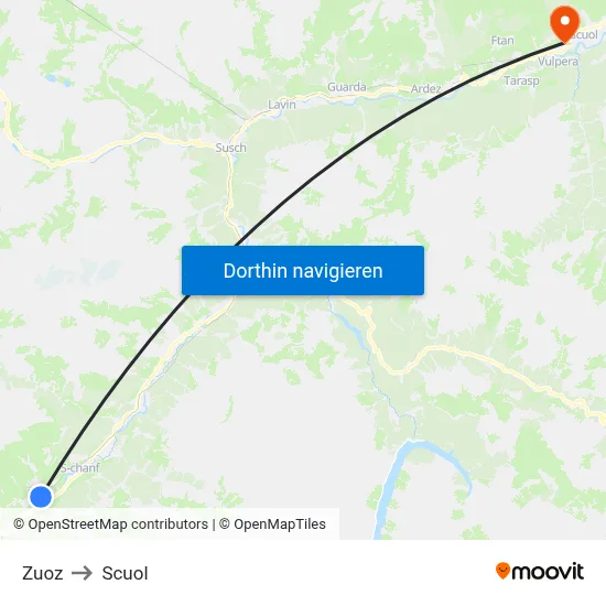 Zuoz to Scuol map