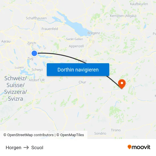 Horgen to Scuol map