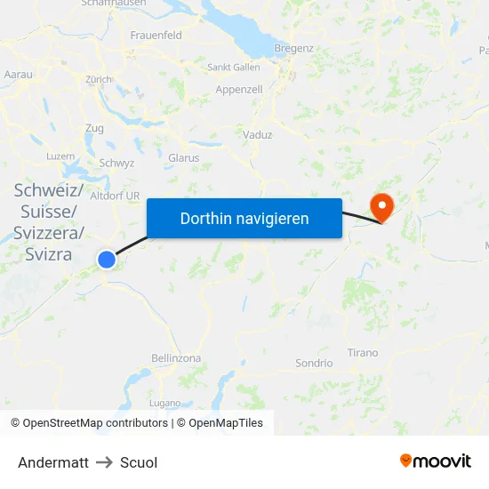 Andermatt to Scuol map