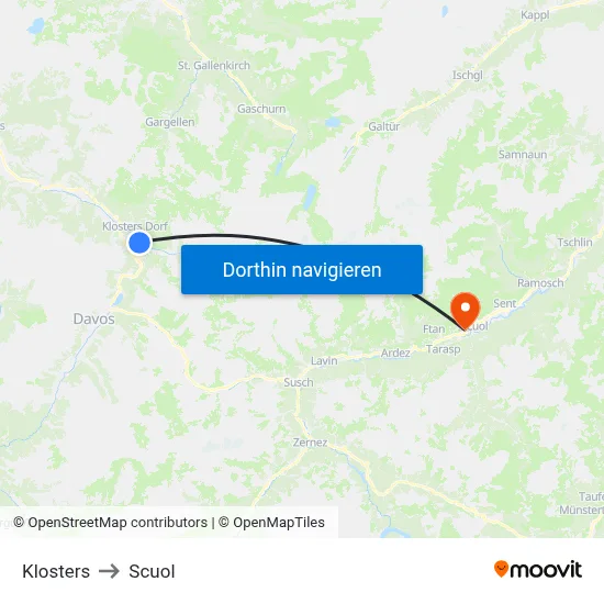 Klosters to Scuol map