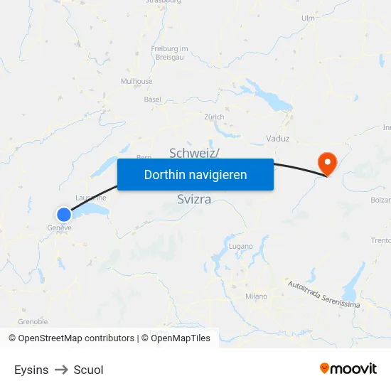 Eysins to Scuol map