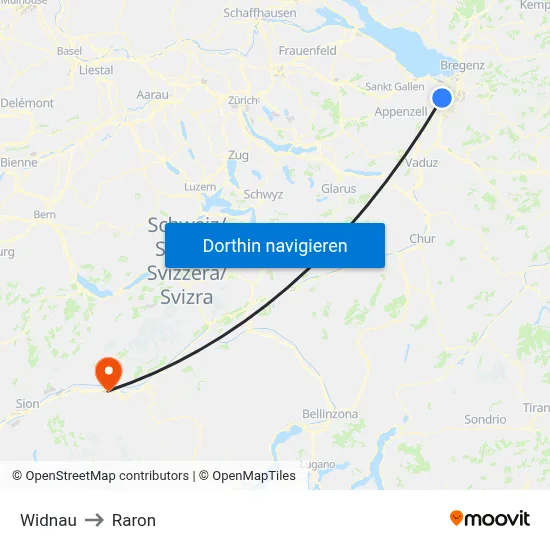 Widnau to Raron map