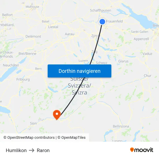 Humlikon to Raron map