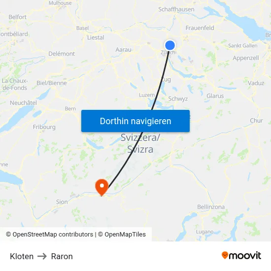 Kloten to Raron map