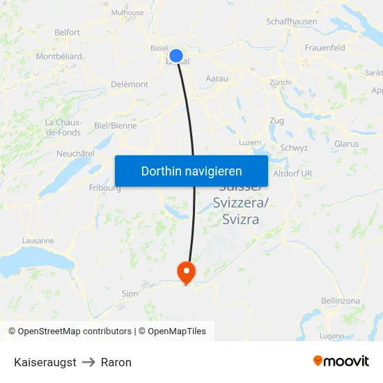 Kaiseraugst to Raron map