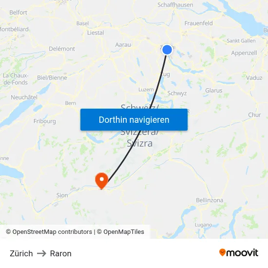 Zürich to Raron map