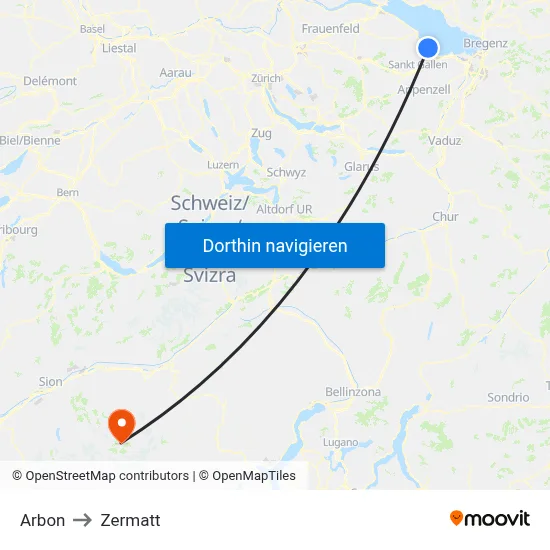Arbon to Zermatt map