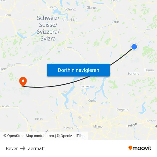 Bever to Zermatt map