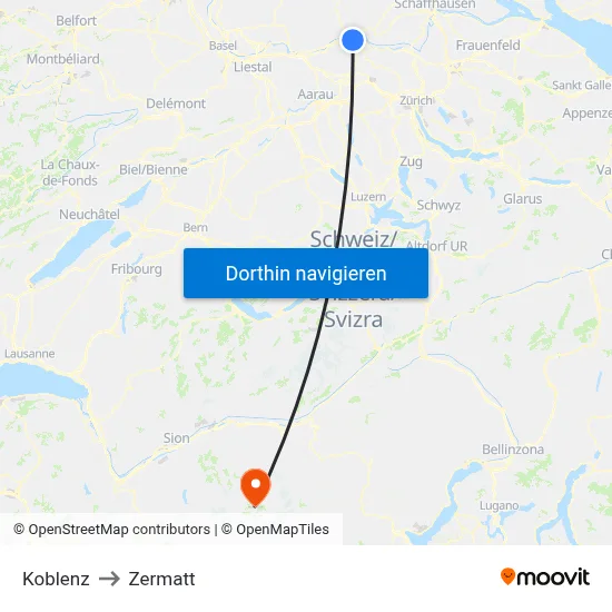 Koblenz to Zermatt map