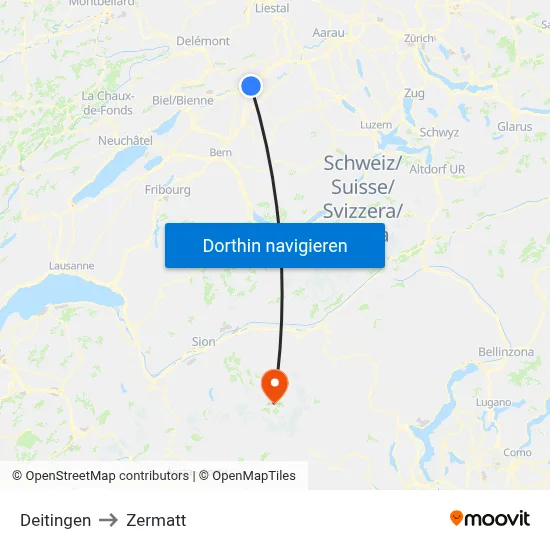 Deitingen to Zermatt map