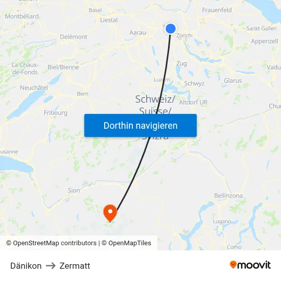 Dänikon to Zermatt map
