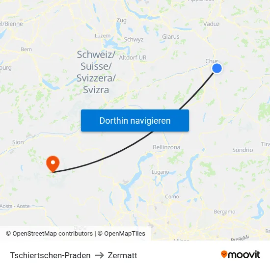 Tschiertschen-Praden to Zermatt map
