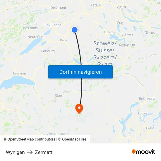 Wynigen to Zermatt map