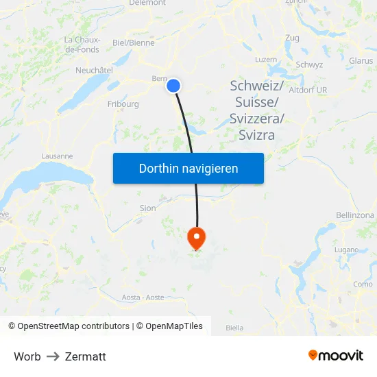 Worb to Zermatt map