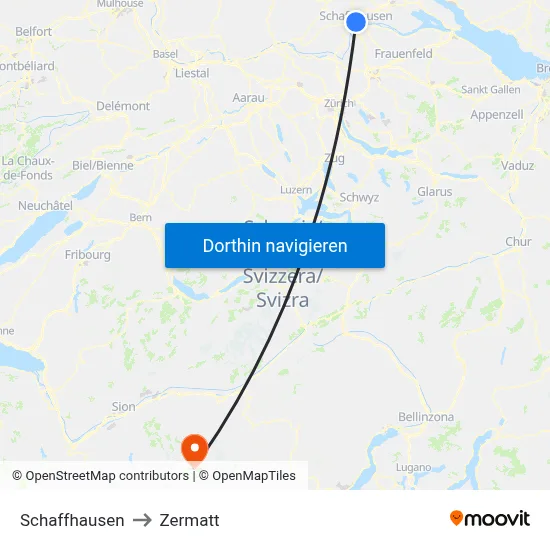 Schaffhausen to Zermatt map