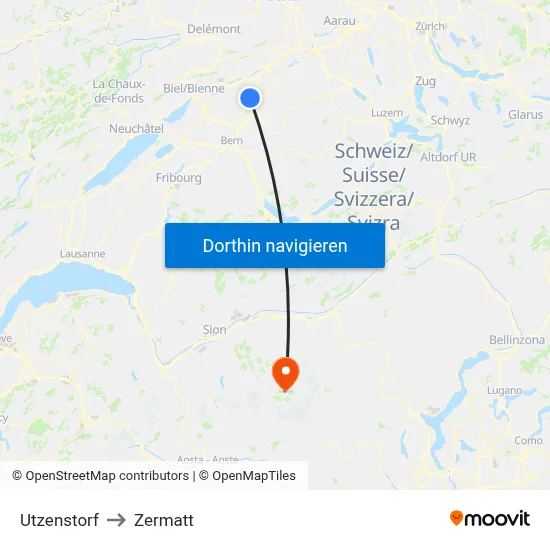 Utzenstorf to Zermatt map