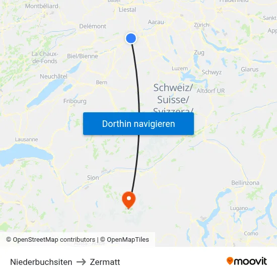Niederbuchsiten to Zermatt map