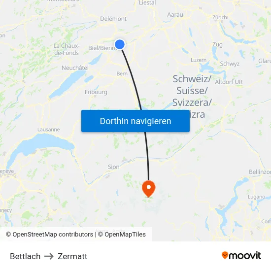 Bettlach to Zermatt map