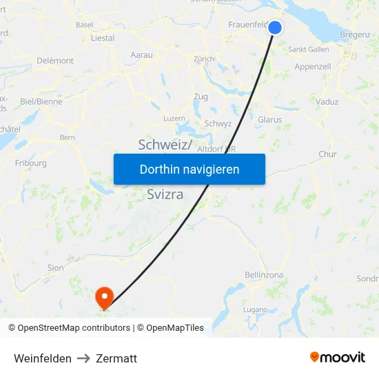 Weinfelden to Zermatt map
