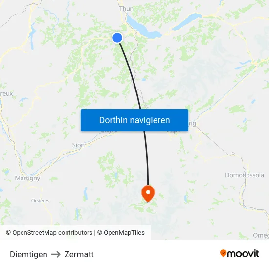 Diemtigen to Zermatt map