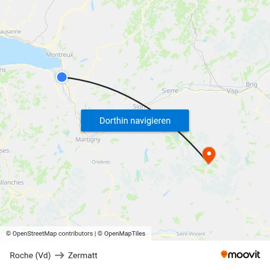 Roche (Vd) to Zermatt map