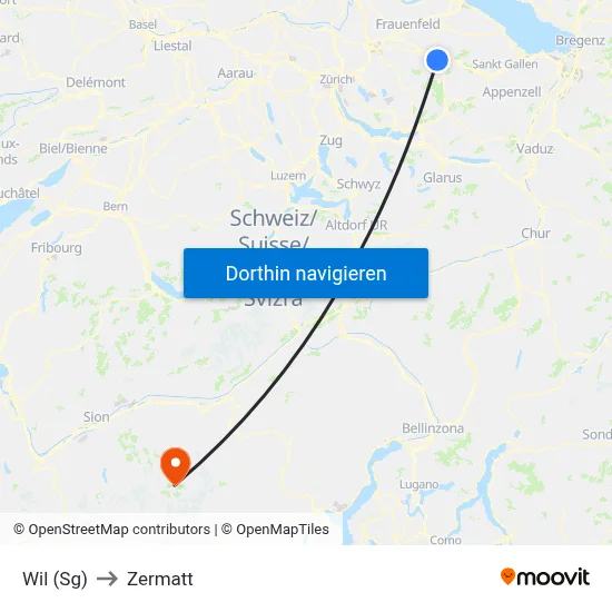 Wil (Sg) to Zermatt map