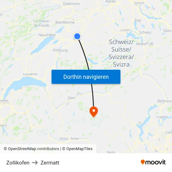 Zollikofen to Zermatt map