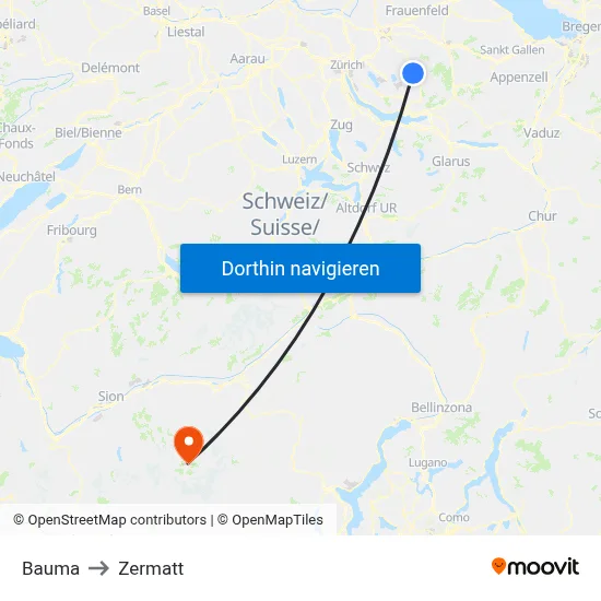 Bauma to Zermatt map