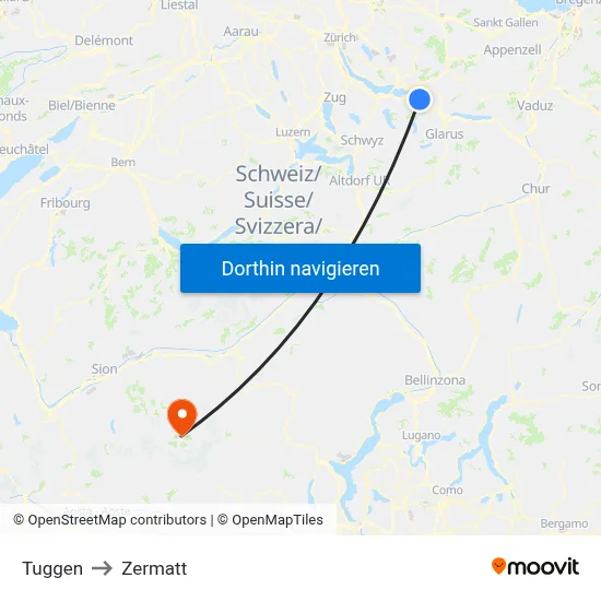 Tuggen to Zermatt map