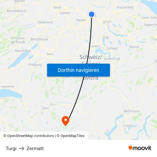 Turgi to Zermatt map