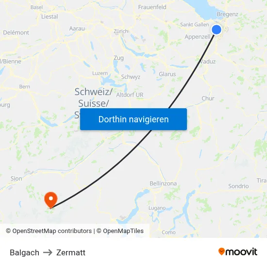 Balgach to Zermatt map