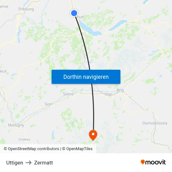 Uttigen to Zermatt map